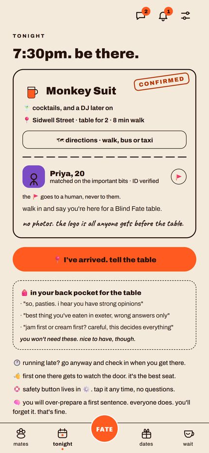 A confirmed table: tonight, 7:30pm, the venue name, and who you are meeting.