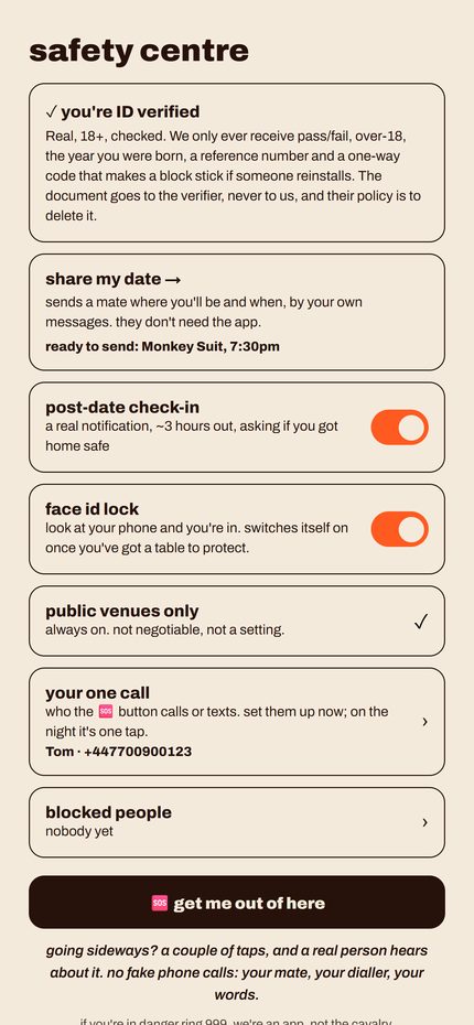 Safety centre: share your date, check-ins, and a get-me-out button.